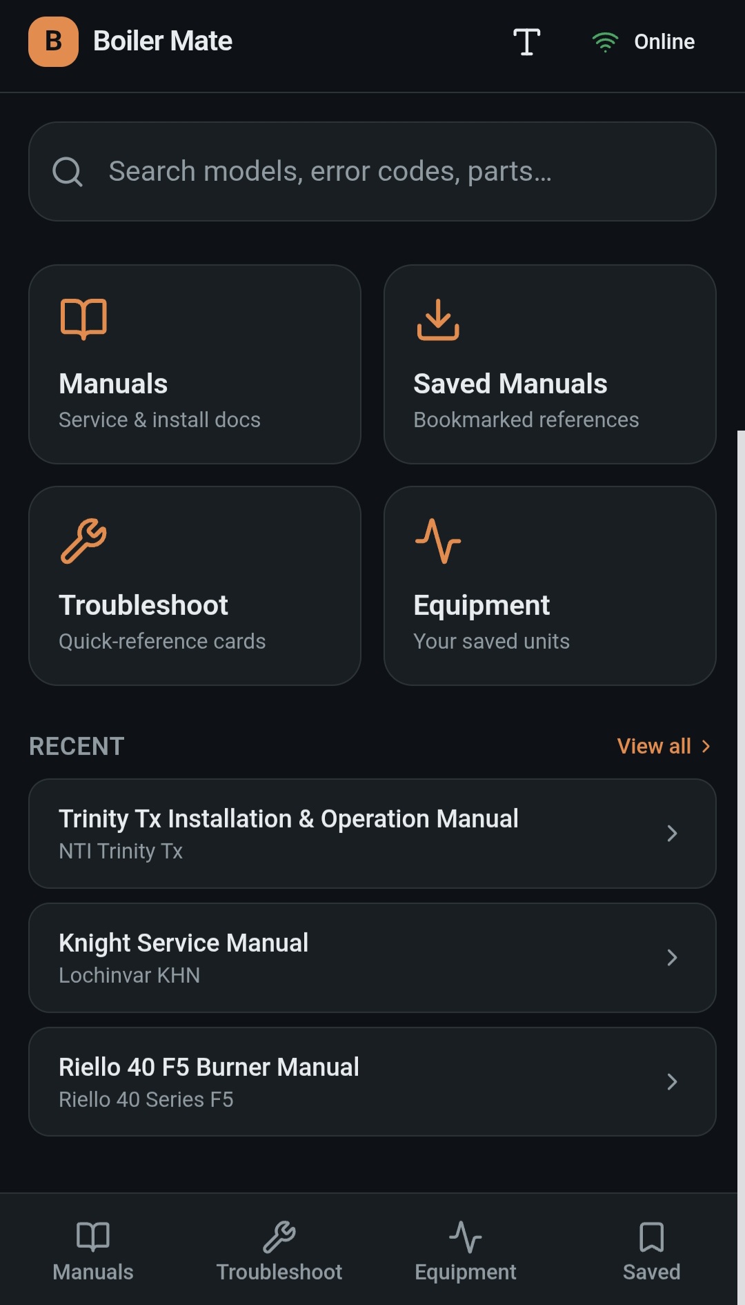 BoilerMate application home screen showing manuals, troubleshooting, equipment, and saved references